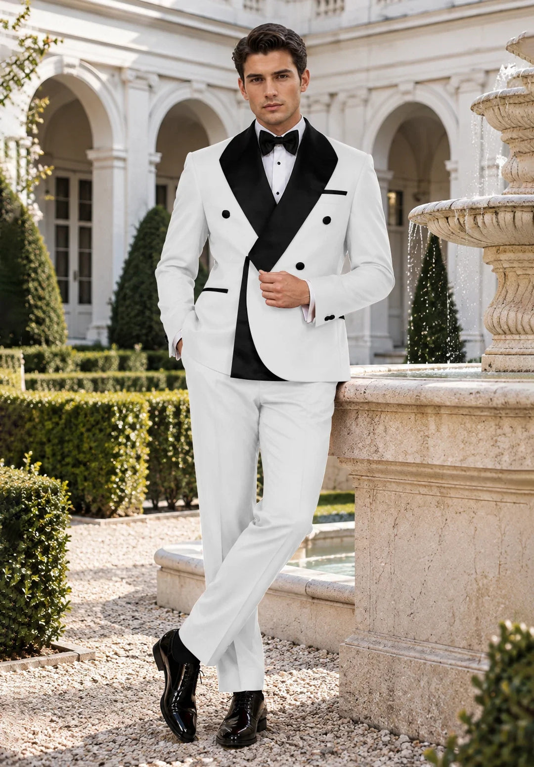 Men's Slim-Fit Double-Breasted Two-Piece Tuxedo Suit with Contrasting Lapel