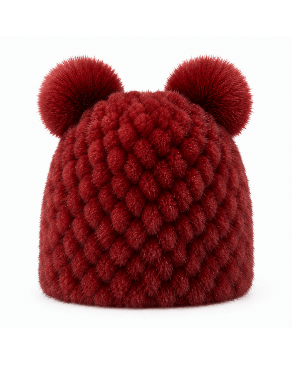 Bonnet de Ski Femme en Fourrure Synthétique Tricoté à Double Pompon