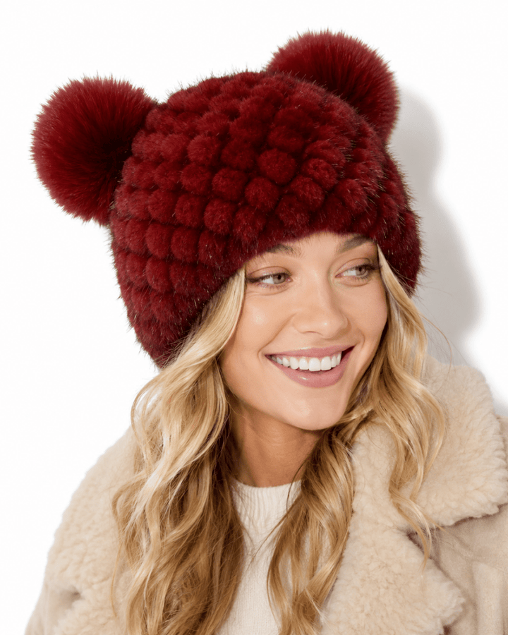 Bonnet de Ski Femme en Fourrure Synthétique Tricoté à Double Pompon