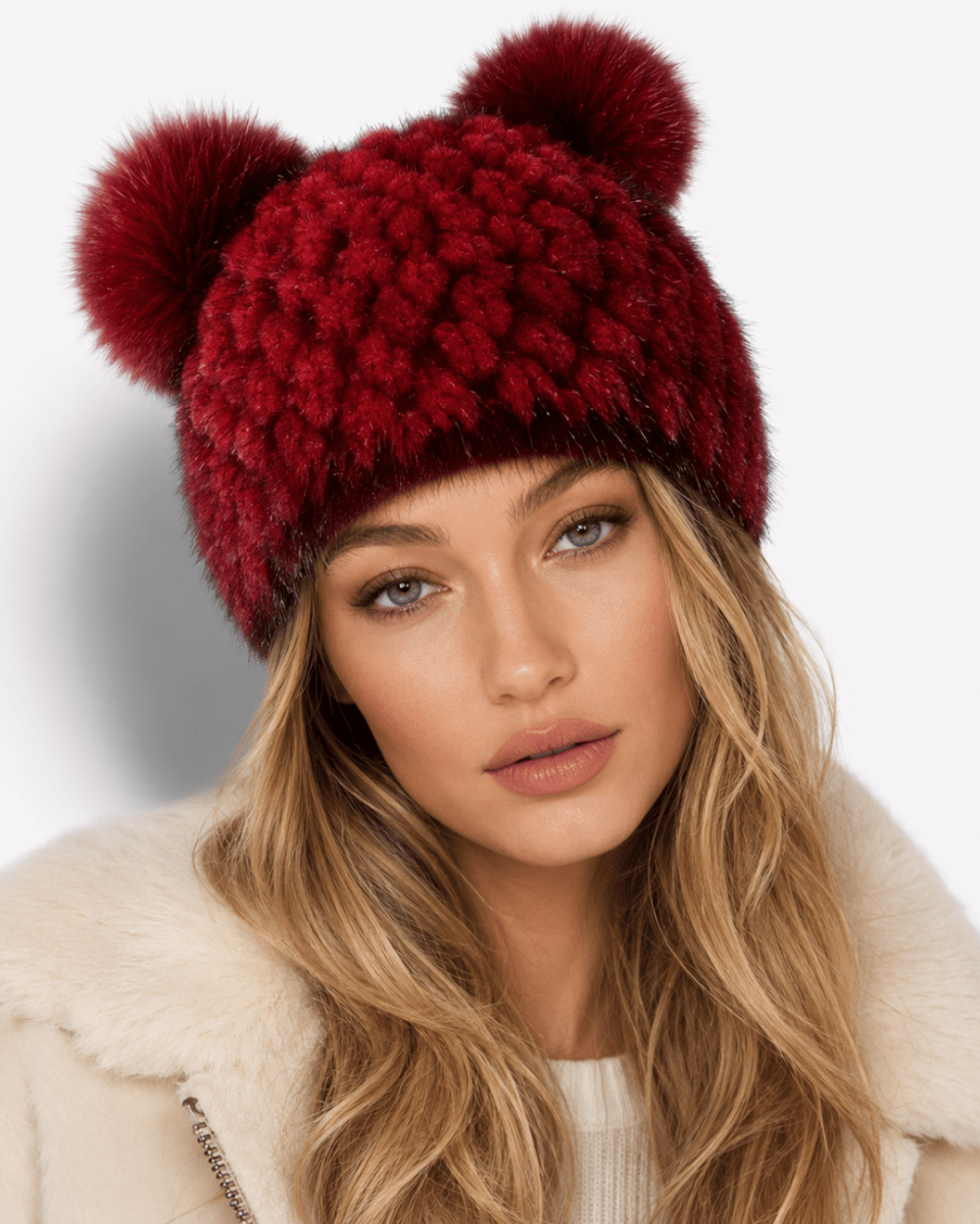 Bonnet de Ski Femme en Fourrure Synthétique Tricoté à Double Pompon