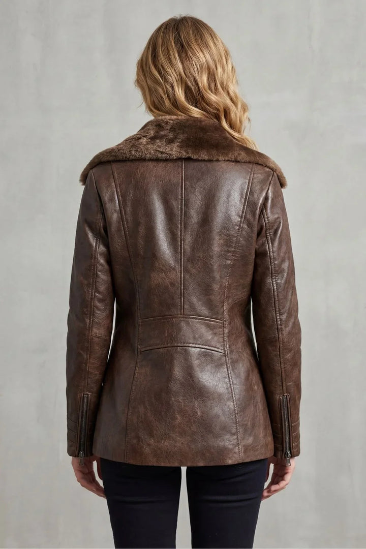 Giacca da donna in vera pelle di agnello marrone con colletto in pelliccia sintetica e chiusura con zip