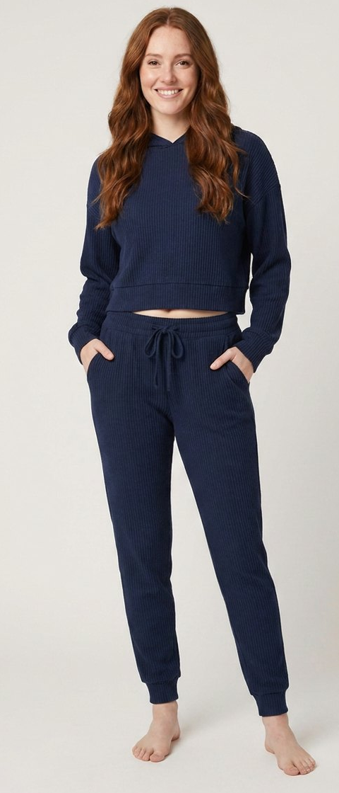 Women's Two-Piece Ribbed Velvet Set with Cropped Top and Drawstring Pants