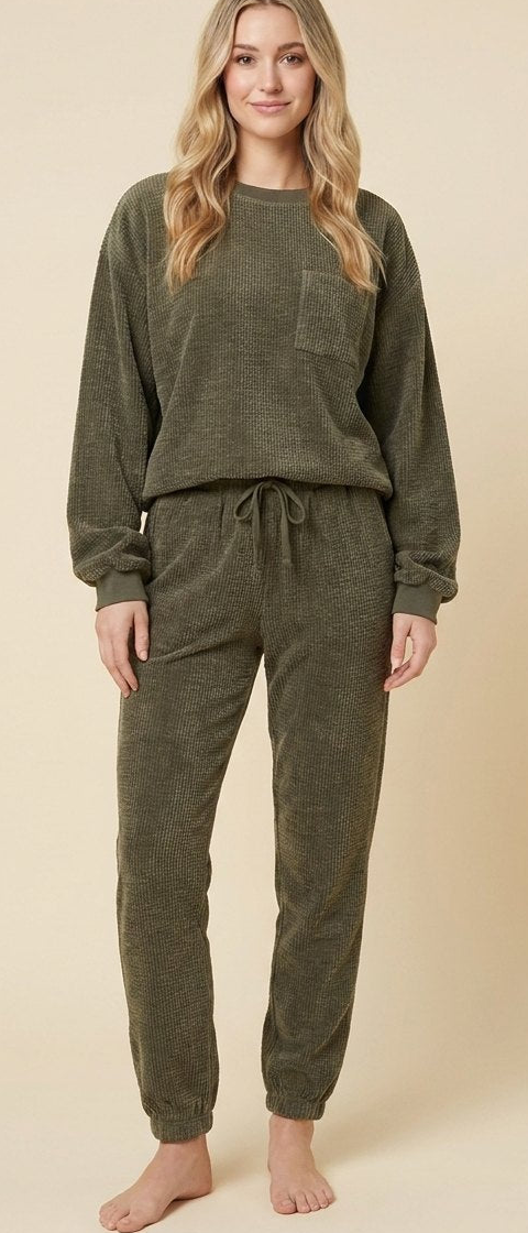 Women's Two-Piece Corduroy Set with Crew-Neck Top and Pants