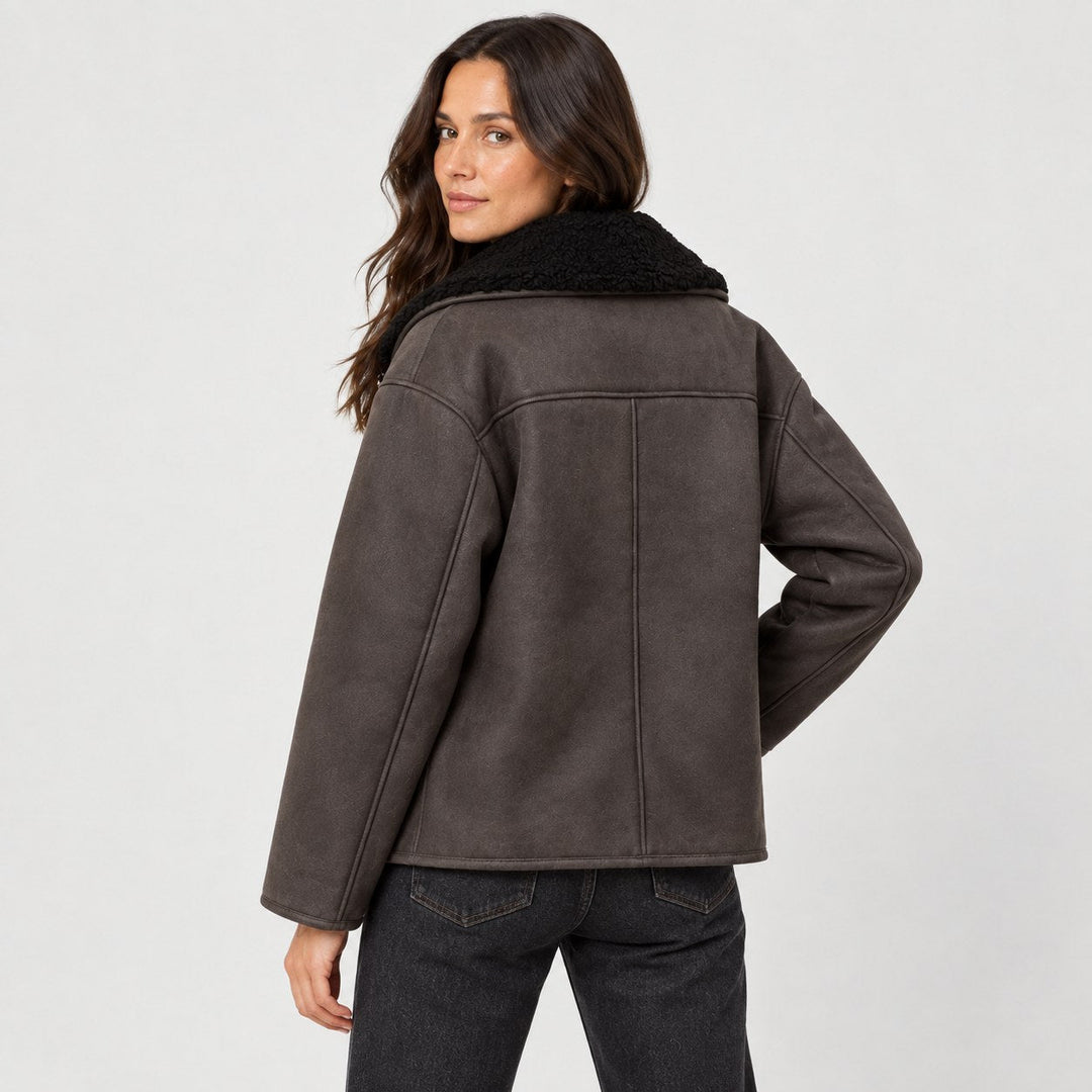 Veste d'Hiver Femme Doublée Fausse Fourrure avec Grands Revers