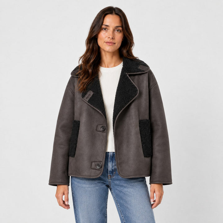 Veste d'Hiver Femme Doublée Fausse Fourrure avec Grands Revers