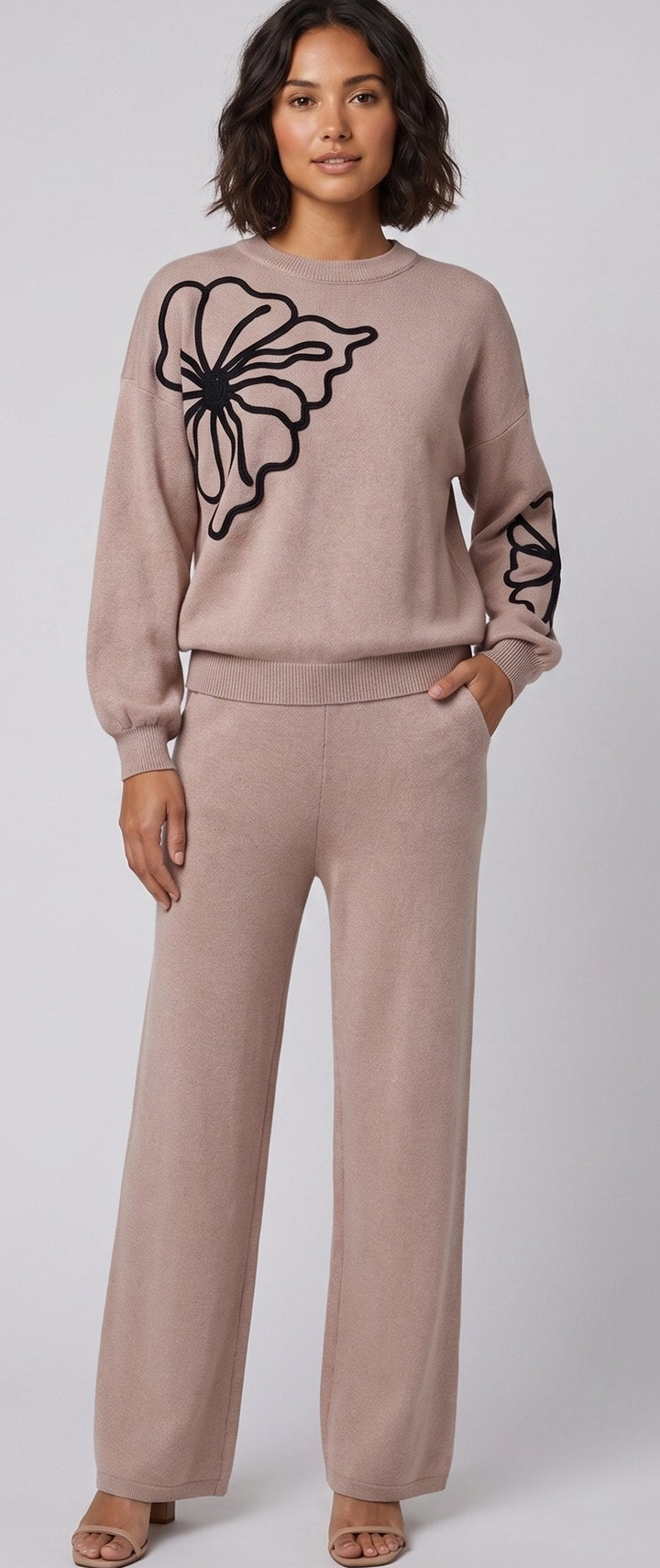 Ensemble Femme Deux Pièces En Maille Motif Fleur Col Rond Et Pantalon Large