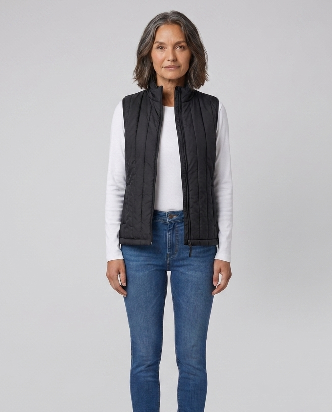 Gilet riscaldato da donna con USB, senza maniche, collo alto e temperatura regolabile