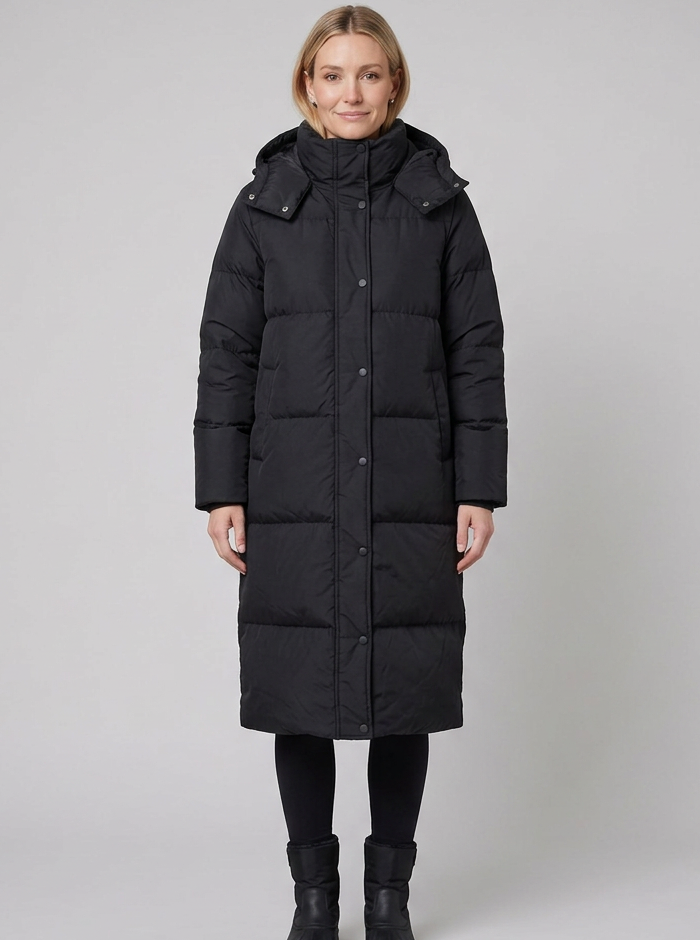 Women's Long Hooded Windproof Puffer Coat with Snap Fastening and Pockets