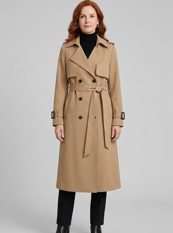 Lange damestrenchcoat met ceintuur, dubbele knopenrij, reverskraag en zakken