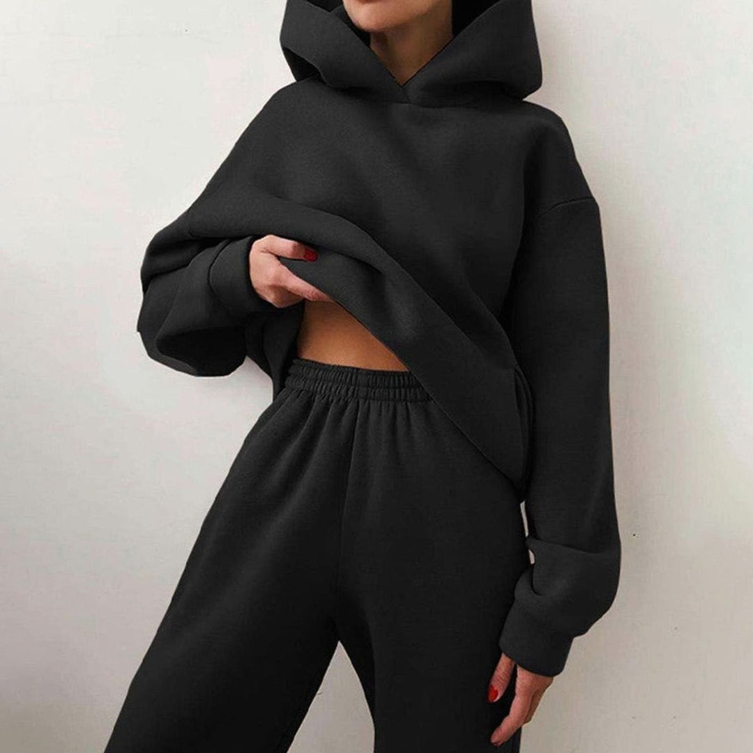 Zweiteiliges Damen-Set mit kurzem Oversize-Kapuzenpullover und Jogginghose mit hohem Bund