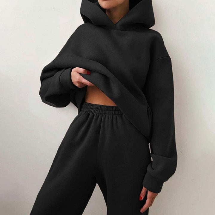 Zweiteiliges Damen-Set mit kurzem Oversize-Kapuzenpullover und Jogginghose mit hohem Bund