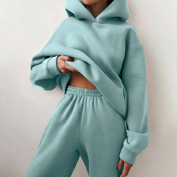 Zweiteiliges Damen-Set mit kurzem Oversize-Kapuzenpullover und Jogginghose mit hohem Bund