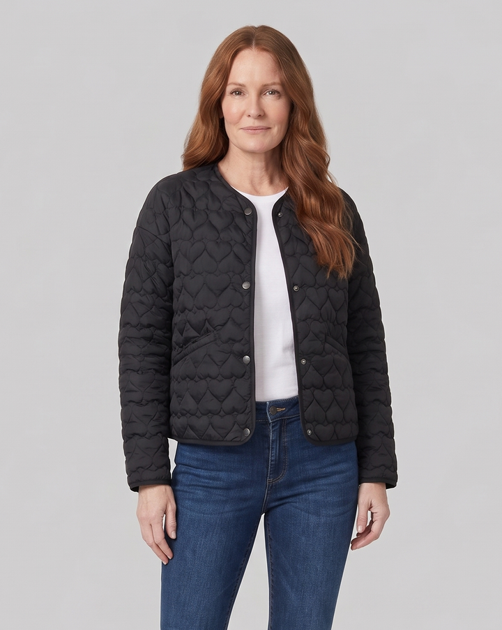 Women's Lightweight Quilted Collarless Jacket with Heart Pattern and Snap Fastening
