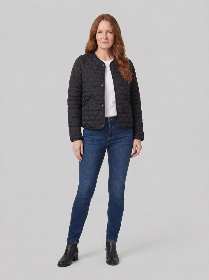 Women's Lightweight Quilted Collarless Jacket with Heart Pattern and Snap Fastening