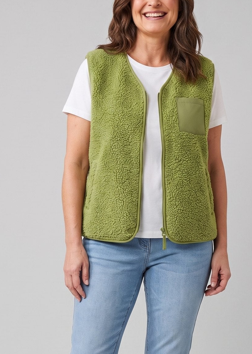 Gilet Femme En Polaire Sherpa Oversize Sans Manches Fermeture Pression