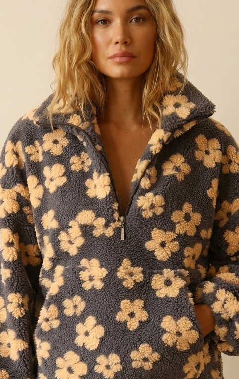 Oversized damestrui van fleece met bloemenpatroon, hoge kraag en halve rits