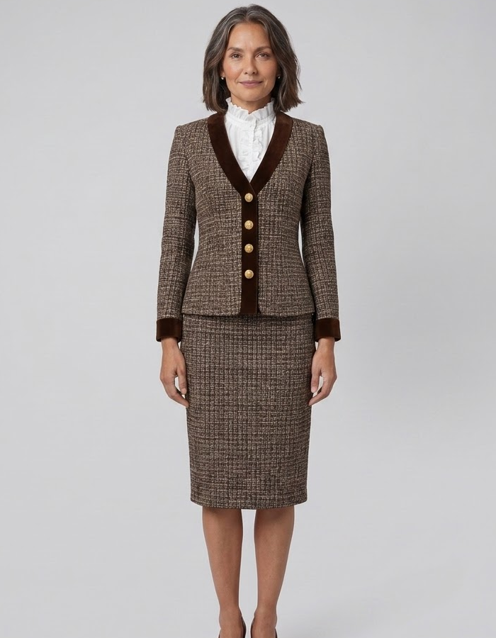 Ensemble Tailleur Femme En Tweed Blazer Et Jupe Crayon Bordure Velours