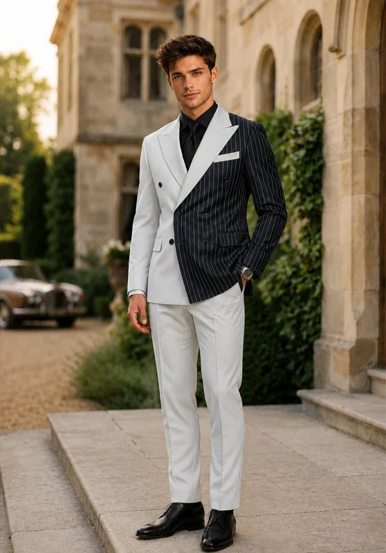 Men’s Two-Piece Striped Suit with Double-Breasted Jacket and Wide Peak Lapels