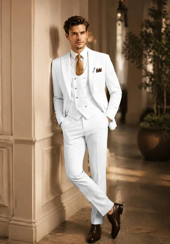 Costume Trois Pièces Homme Coupe Slim Élégant avec Col Peak et Gilet Croisé