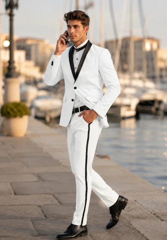 Esmoquin de dos piezas para hombre, corte ajustado, con solapa de chal en contraste y pantalón con banda lateral