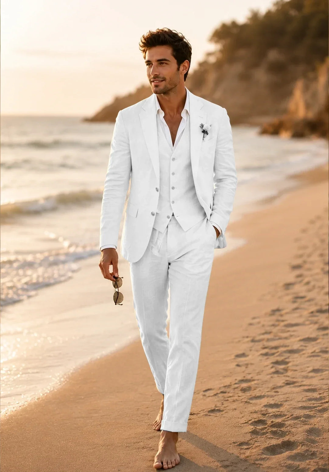 Costume Trois Pièces Homme Coupe Slim en Lin Respirant avec Col Notch et Gilet Six Boutons